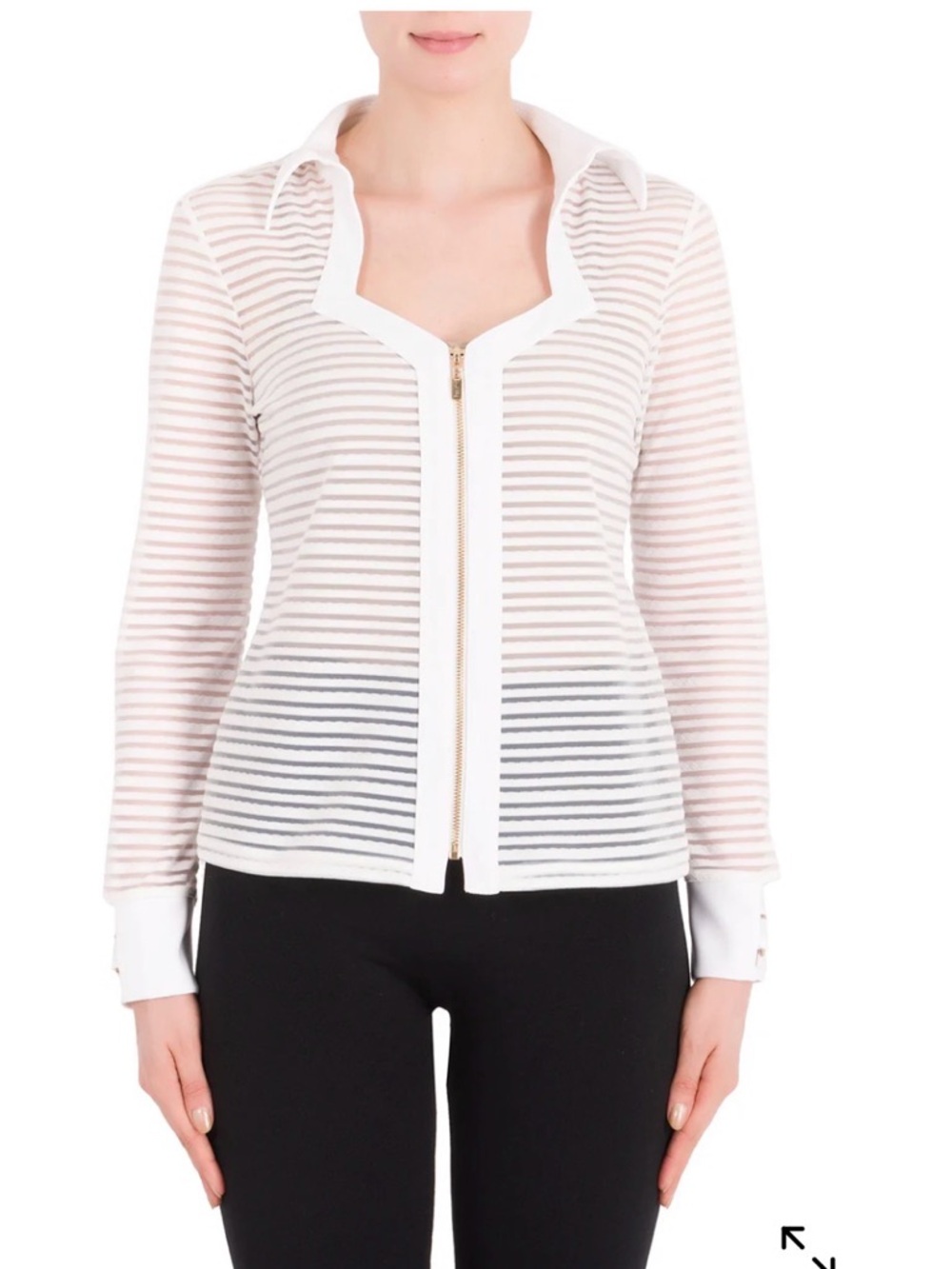 Joseph Ribkoff White Sheer Striped Zip-Front Collared Jacket